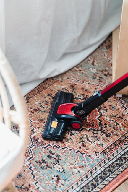 A woman with curly hair tied back, wearing a beige jacket, dark jeans, and white sneakers, is performing surface cleaning on a traditional patterned area rug in a living room. She is using a yellow va